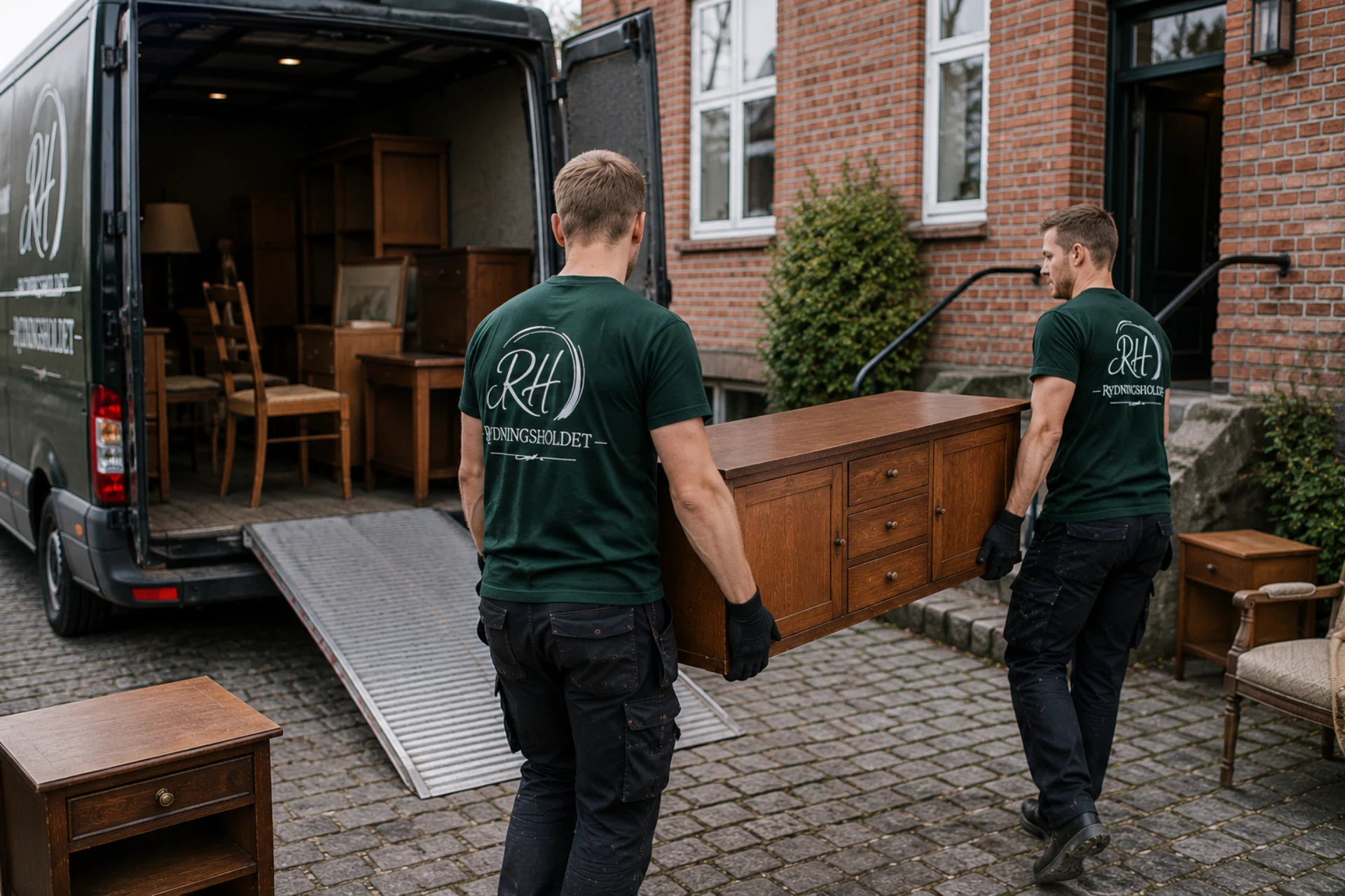 Rydningsholdet flytter møbler til en varevogn foran en boligbygning.