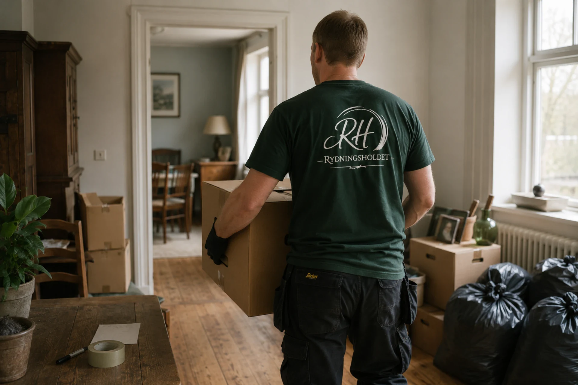 Rydningsholdet medarbejder flytter kasser i et hjem.